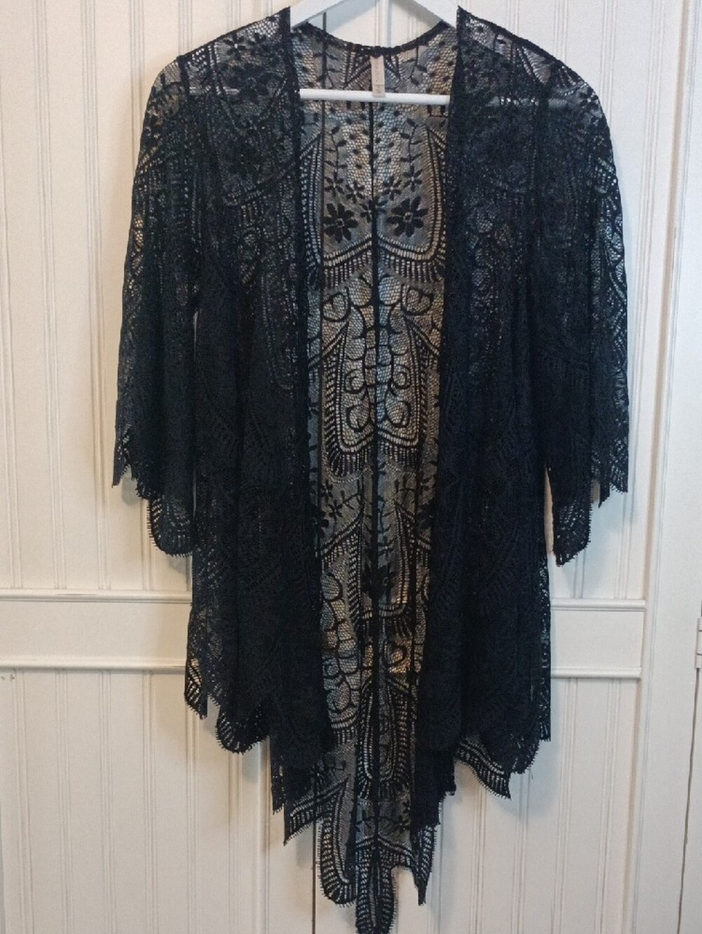 Black Lace Kimono Jacket Duster Cover Up Sweater Cardigan 3/4 Sleeve Size Small